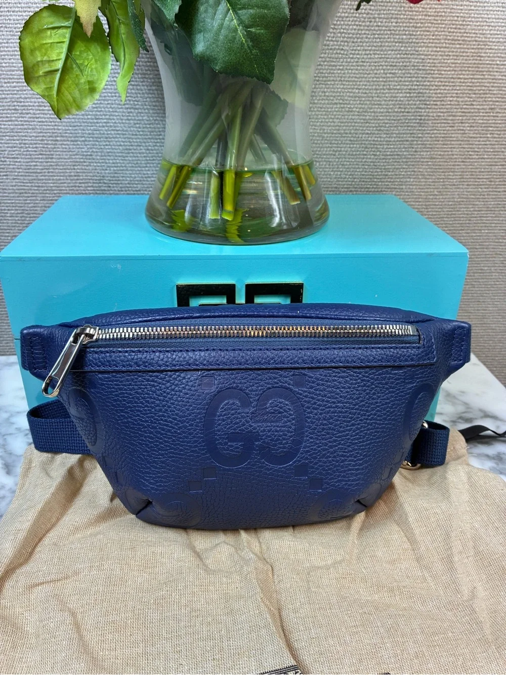 Gucci Jumbo GG Blue Leather Small Belt Bag Size 90cm - NWT Authentic - Picture 1 of 12